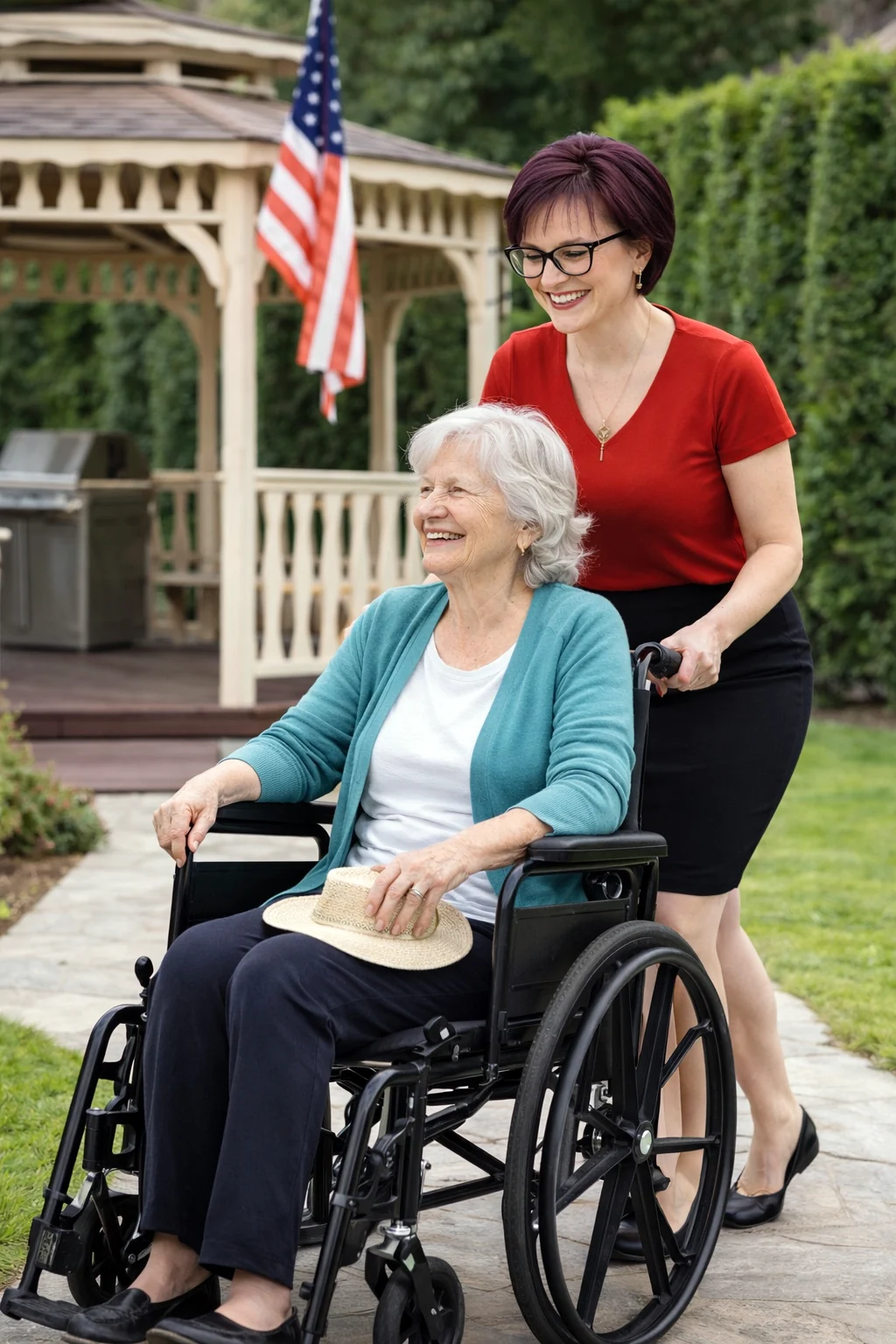 Provider assisting a resident outdoors
